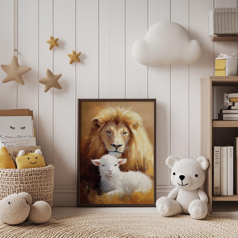 May include: A painting of a lion and a lamb, with the lion gently resting its head on the lamb. The lion is brown and white, and the lamb is white. The painting is set against a brown background.