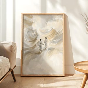Pu&ograve; includere: Un dipinto che raffigura due figure che camminano su una superficie nuvolosa vorticosa, bianca e beige. Le figure indossano vesti bianche e camminano verso il lato destro dell'immagine. Lo sfondo &egrave; un cielo azzurro chiaro con nuvole bianche.