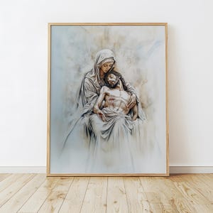K&ouml;nnte beinhalten: Ein Gem&auml;lde, das eine Frau zeigt, die einen Mann in ihren Armen h&auml;lt. Die Frau tr&auml;gt eine wei&szlig;e Robe und der Mann ist in ein wei&szlig;es Tuch geh&uuml;llt. Das Gem&auml;lde ist in einem realistischen Stil gehalten und die Farben sind ged&auml;mpft.