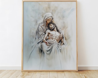 Heilige Maria houdt Jezus vast na kruisiging, Pieta Art Painting, Our Lady of Seven Smarten, Jesus Christ Art, LDS Christian Artwork Print