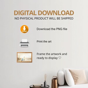 Op de afbeelding: Digitale download van een schilderij dat een stel laat zien dat over het strand loopt. De tekst "DIGITAL DOWNLOAD NO PHYSICAL PRODUCT WILL BE SHIPPED" staat bovenaan de afbeelding. Onder de tekst staan instructies voor het downloaden, afdrukken en inlijsten van het kunstwerk.