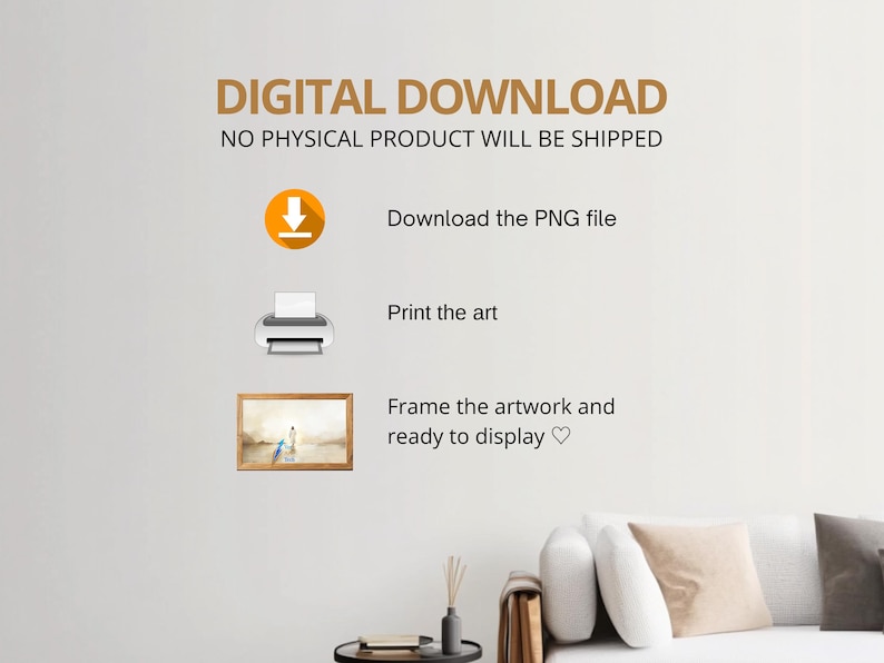Op de afbeelding: Digitale download van een schilderij dat een stel laat zien dat over het strand loopt. De tekst "DIGITAL DOWNLOAD NO PHYSICAL PRODUCT WILL BE SHIPPED" staat bovenaan de afbeelding. Onder de tekst staan instructies voor het downloaden, afdrukken en inlijsten van het kunstwerk.