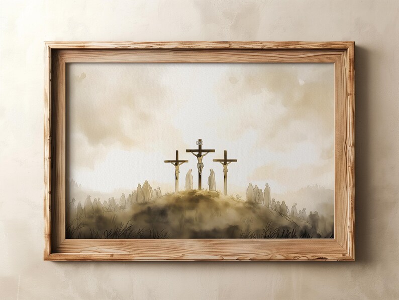 Op de afbeelding: Een ingelijst aquarel schilderij dat een religieuze sc&egrave;ne voorstelt van drie figuren op kruisen tegen een bewolkte lucht. De figuren zijn gesilhouetteerd tegen de lucht, en de sc&egrave;ne is geschilderd in gedempte tinten bruin en beige.