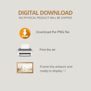 May include: Digital download instructions for a printable art print. The image shows an orange download icon, a printer icon, and a framed art print.