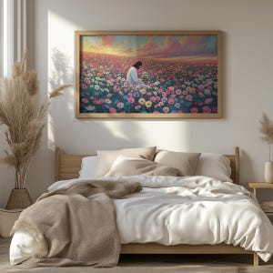 May include: A framed painting of a man in a white robe sitting in a field of pink, purple, and white flowers. The sky is a vibrant sunset with pink, orange, and yellow hues.