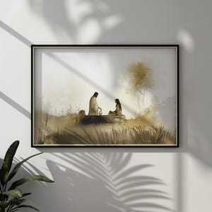 May include: A watercolor painting of two figures in a landscape setting. The figures are a man and a woman, both wearing simple clothing. The man is holding a pitcher, and the woman is sitting on a stone bench. The background is a soft, muted brown, with a few trees and bushes visible.