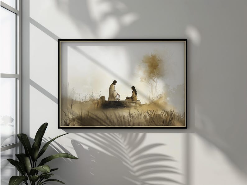 May include: A watercolor painting of two figures in a landscape setting. The figures are a man and a woman, both wearing simple clothing. The man is holding a pitcher, and the woman is sitting on a stone bench. The background is a soft, muted brown, with a few trees and bushes visible.