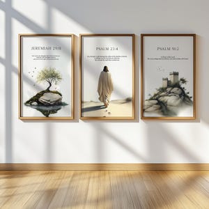 Set van 3 bijbelvers kunst aan de muur, Jeremia 29 11, Psalm 23 4, Psalm 91 2, moderne christelijke posterset, Jezus Christus kunst aan de muur, digitale download