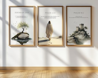 Set of 3 Bible Verse Wall Art, Jeremiah 29 11, Psalm 23 4, Psalm 91 2, Modern Christian Poster Set, Jesus Christ Wall Art, Digital Download