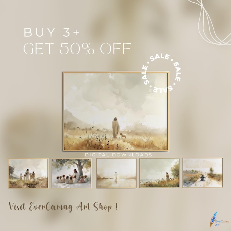 K&ouml;nnte beinhalten: Digitaler Download-Verkauf f&uuml;r christliche Kunstdrucke. Das Bild zeigt f&uuml;nf Aquarellmalereien mit Jesus und Kindern. Kaufen Sie 3+ Drucke und erhalten Sie 50% Rabatt. Besuchen Sie den EverCaring Art Shop.