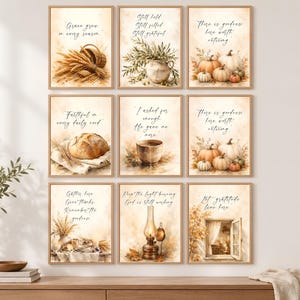 May include: A set of nine rectangular wall art prints arranged in a grid, featuring watercolor illustrations of harvest themes including wheat, pumpkins, bread, and a lantern, each accompanied by inspirational text in a cursive script font.