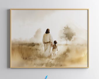 Jesus and Little Girl Walking, Jesus Christ Watercolor Art Landscape, Jesus and Children, LDS Art, Christian Home Décor, Digital Download