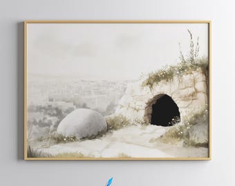 Jesus Empty Tomb, He is Risen Painting Printable Wall Art, Jesus Christ Art, Religious Print, Resurrection, He is Alive Easter Decor Print