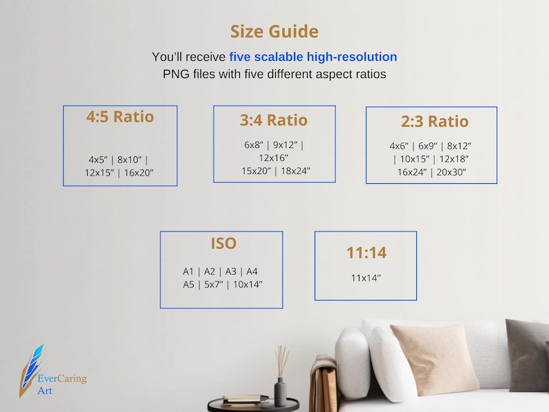 Op de afbeelding: Een maattabel voor digitale kunstafdrukken, met vijf verschillende beeldverhoudingen: 4:5, 3:4, 2:3, ISO en 11:14. De tabel bevat gebruikelijke afdrukformaten voor elke verhouding, zoals 4x5 inch, 8x10 inch, 12x16 inch en 16x20 inch.