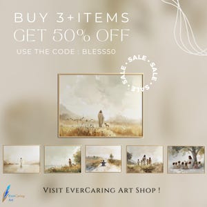 Pu&ograve; includere: Un collage di sei dipinti ad acquerello che rappresentano scene religiose. I dipinti sono incorniciati in oro e sono esposti su una parete beige. Il testo "BUY 3+ ITEMS GET 50% OFF USE THE CODE: BLESS50" &egrave; visualizzato nella parte superiore dell'immagine.