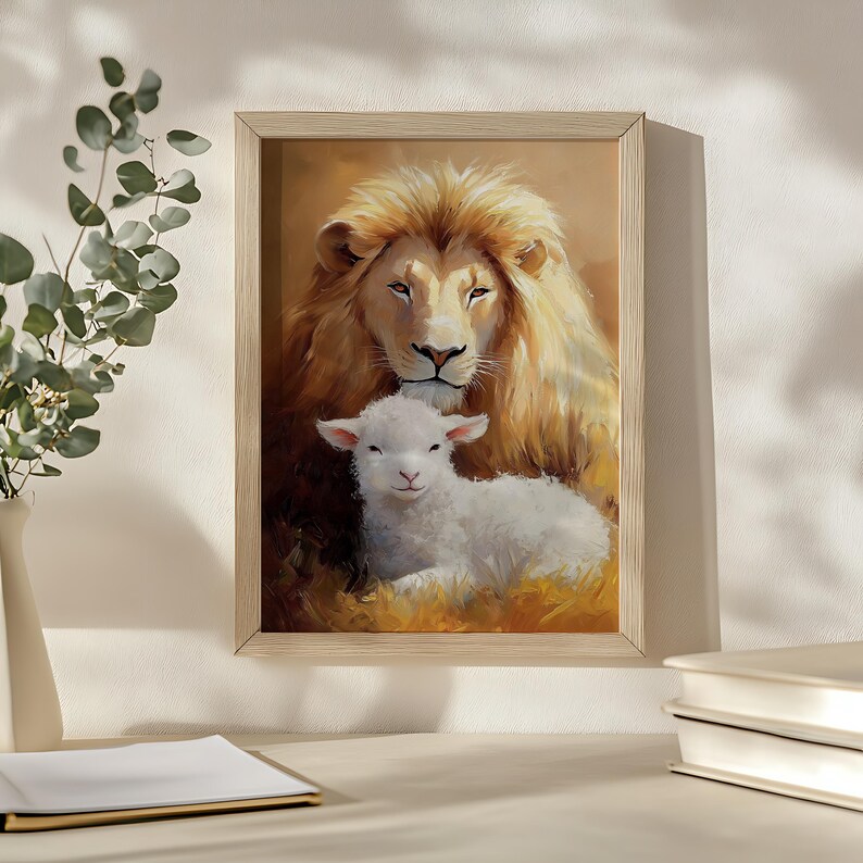 May include: A framed painting of a white lion with a gentle expression, looking down at a white lamb lying in front of it. The background is a warm, golden color.
