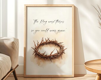Crown Of Thorns Art, Christian Wall Decor, Digital Scripture Print, Easter Religious Artwork, Inspirational Jesus Quote, Grace Printable