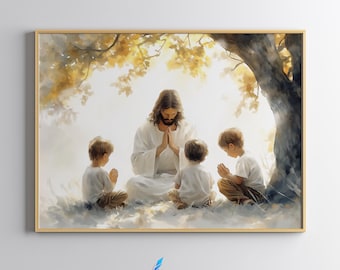 May include: A painting of Jesus with three children kneeling in prayer under a tree. The painting is done in a realistic style with soft colors and a warm, inviting atmosphere.