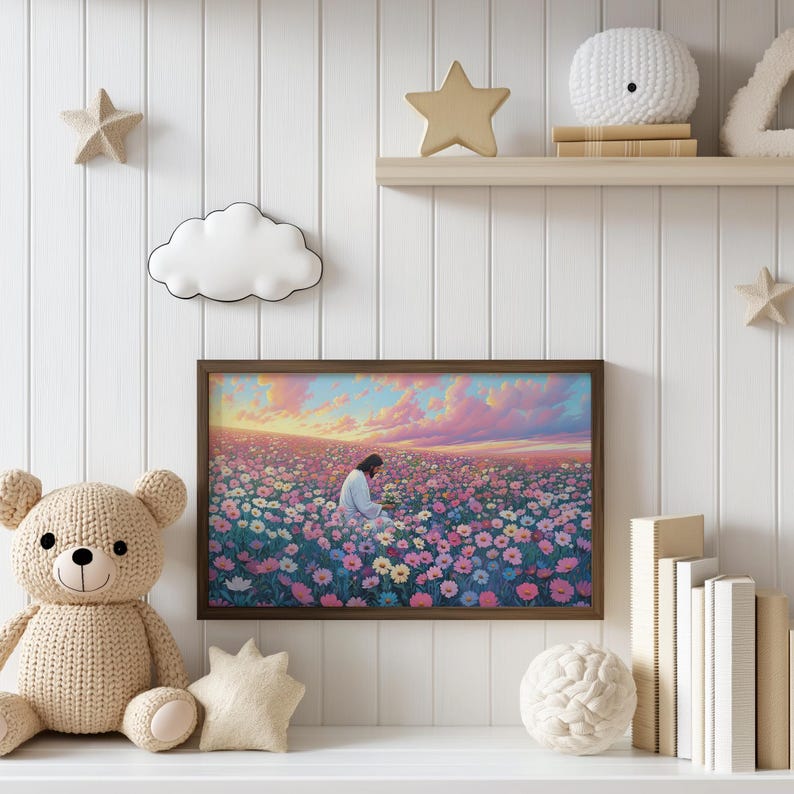 May include: A framed print of a painting depicting a man in white clothing kneeling in a field of pink, white, and blue flowers. The sky is a vibrant pink and orange with clouds.