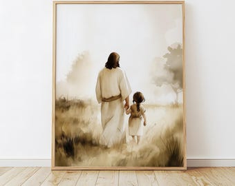 Jesus and Little Girl Walking, Jesus Christ Watercolor Art Portrait, Jesus Painting, LDS Art, Christian Nursery Home Decor, Digital Download