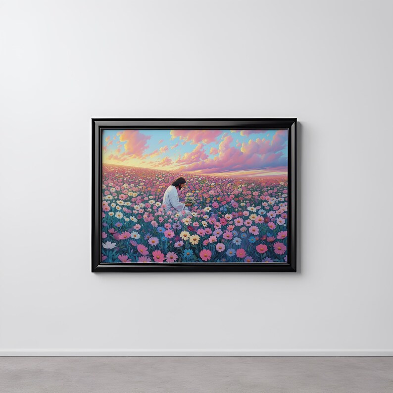 May include: A painting of a person in a white robe sitting in a field of pink, white, and purple flowers. The sky is a vibrant pink and orange with clouds.