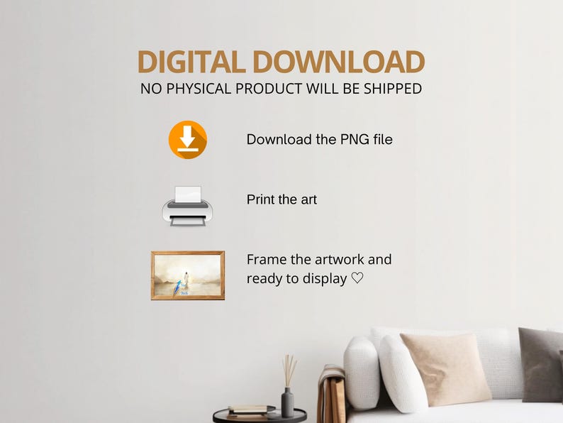 May include: Digital download of a painting of a couple walking on a beach. The image shows instructions to download the PNG file, print the art, and frame it. The text "DIGITAL DOWNLOAD" and "NO PHYSICAL PRODUCT WILL BE SHIPPED" is displayed at the top of the image.