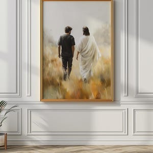 May include: A painting of two figures walking in a field. The figure in the front is wearing a white robe and the figure in the back is wearing a black shirt and pants. The painting is set against a background of a field with tall grass and a hazy sky.