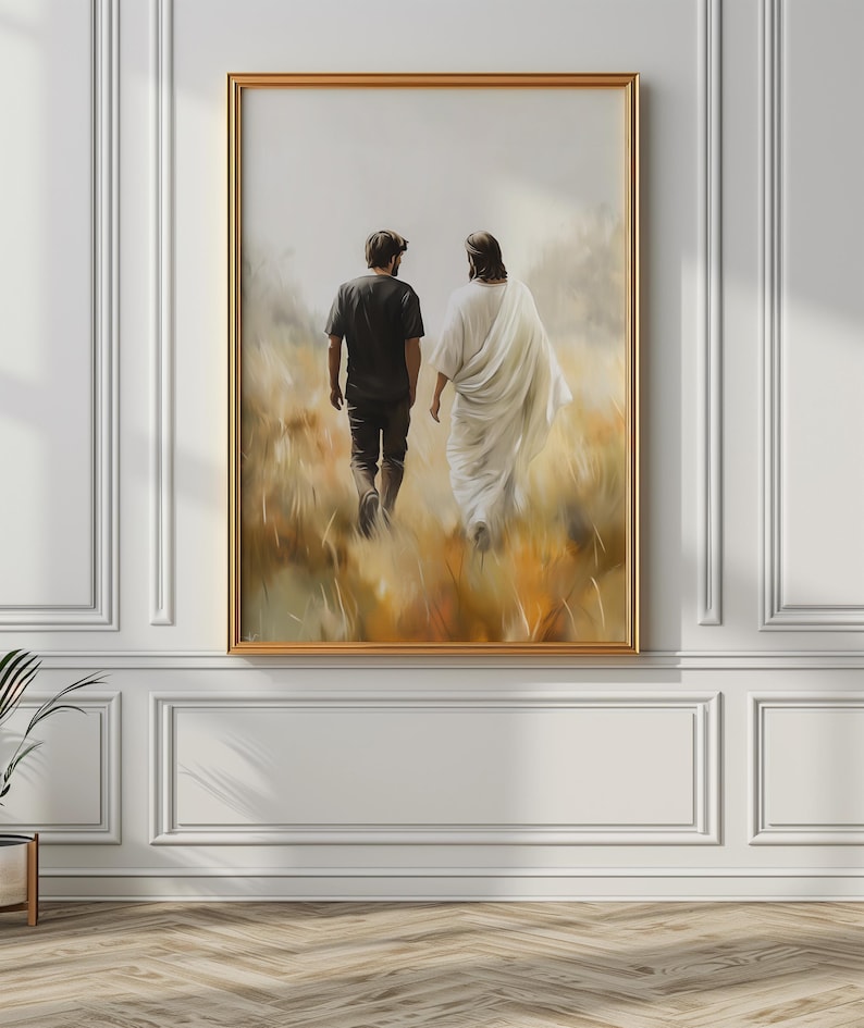 May include: A painting of two figures walking in a field. The figure in the front is wearing a white robe and the figure in the back is wearing a black shirt and pants. The painting is set against a background of a field with tall grass and a hazy sky.