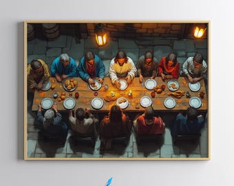 Het laatste avondmaal, digitale kunstafdruk, bijbelse scènekunst bovenaanzicht, christelijke landschapskunst, schilderij Jezus en zijn discipelen, bovenaanzicht, digitale download