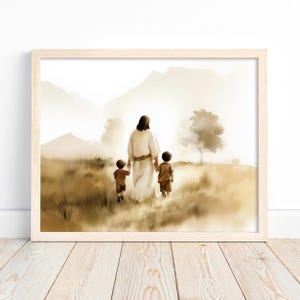 Gesù e due bambini che camminano, Gesù Cristo acquerello arte paesaggio, dipinto di Gesù, arte basata sulla fede, arredamento cristiano, download digitale