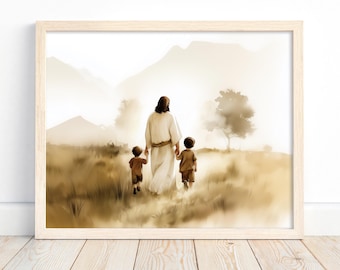 Jesus and Two Little Boy Walking, Jesus Christ Watercolor Art Landscape, Jesus Painting, Faith Based Art, Christian Decor, Digital Download