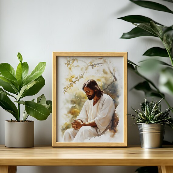 Jesus Christ Picture Portrait Painting, Jesus Praying in the Garden of Gethsemane, Modern Christian Wall Art, Religious Décor, Digital Print