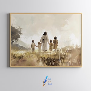 May include: A painting of a man in white robes leading a group of children through a field. The man is walking in front of the children, who are holding hands and looking ahead. The background is a soft, muted landscape with a sky that is mostly white.