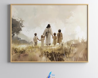 Gesù e i bambini, Marco 10, Ritratto ad acquerello di Gesù Cristo, Dipinto di Gesù, Arte LDS, Arredamento cristiano moderno, Download digitale