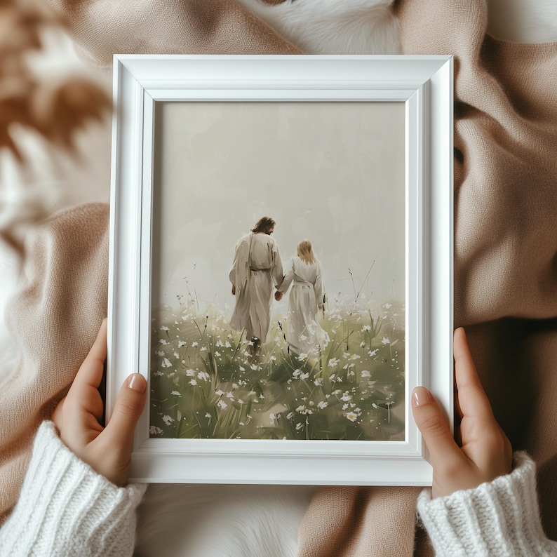 Walk With Me Jesus, Jezus spacerujący z kobietą Sztuka ścienna, Nowoczesna sztuka chrześcijańska, Malarstwo LDS, Obraz Jezusa, Malarstwo biblijne, Wydruk cyfrowy zdjęcie 6