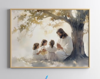 Gesù insegna ai bambini a pregare, ritratto artistico di Gesù Cristo ad acquerello, arte LDS, Cristo che prega, stampa d'arte cristiana moderna, download digitale