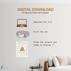 May include: Digital download art print instructions. The image shows a laptop, printer, and framed artwork with the text "DIGITAL DOWNLOAD" and "No physical product will be shipped."