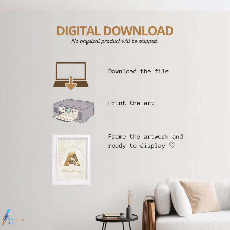 May include: Digital download art print instructions. The image shows a laptop, printer, and framed artwork with the text "DIGITAL DOWNLOAD" and "No physical product will be shipped."