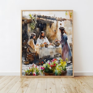 マリアとマルタの家にいるイエス、イエス・キリストの絵画アート、繊細なキリスト教アート、聖書の壁画アート、イエスの教えのアート、デジタルダウンロード