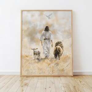 Lion and the Lamb, Jesus Wall Art, Illustrated Faith, Dove of Peace, Lion of Judah, Lamb of God, Christian Art Gift, Religious Art Printable