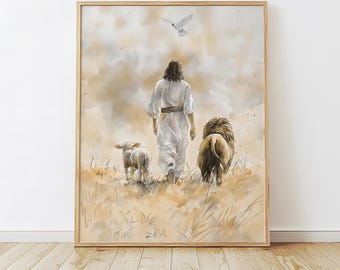 Lion and the Lamb, Jesus Wall Art, Illustrated Faith, Dove of Peace, Lion of Judah, Lamb of God, Christian Art Gift, Religious Art Printable