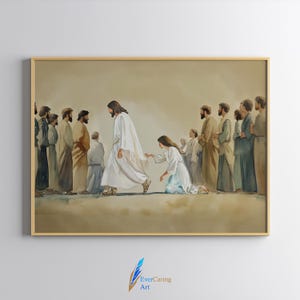 Woman Healed, Woman Touches Hem of Jesus Garment, Boho Subtle Christian Art, Jesus Christ Watercolor Modern Christian Art, Digital Download