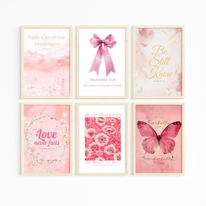 Rosa kokett kristen dekor set med 6, kristen väggkonst, rosa preppy väggkonst, bibelversväggkonst, trendiga lägenhetsutskrivbara väggkonst