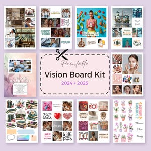 Kit de tablero de visión imprimible para 2024+2025, tablero de estado de ánimo imprimible para manifestar la felicidad en formato PDF para mujeres, afirmaciones positivas inspiradoras, estilo de vida de ensueño