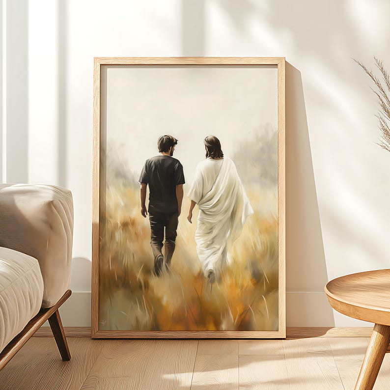May include: A painting of two figures walking in a field. The figure in the front is wearing a white robe and the figure in the back is wearing a black shirt and pants.