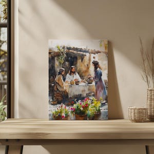 Jesus in the house of Mary and Martha, Jesus Christ Painting Art, Subtle Christian Art, Bible Wall Art, Jesus Teaching Art, Digital Download image 8