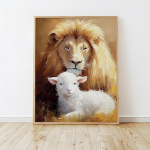 Lion and the Lamb, Lion of Judah, Lamb of God, Modern Christian Painting Artwork, Religious Wall Art Décor, Bible Wall Art, Digital Download