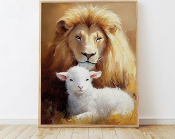 Lion and the Lamb, Lion of Judah, Lamb of God, Modern Christian Painting Artwork, Religious Wall Art Décor, Bible Wall Art, Digital Download