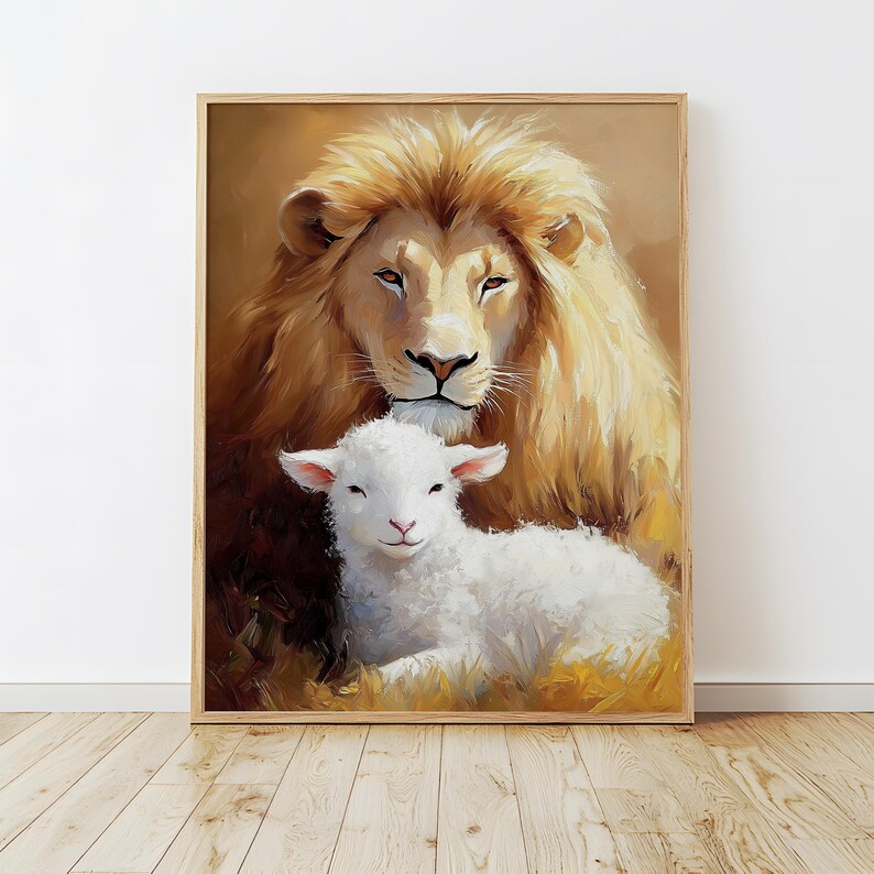 May include: A painting of a lion with a white mane and a white lamb lying next to it. The lion is looking at the lamb with a gentle expression.