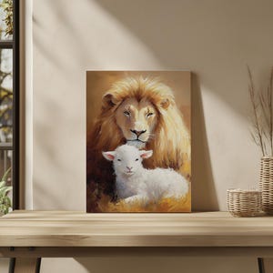 May include: A painting of a lion with a mane of golden brown fur and a white lamb resting on its chest. The lion has a gentle expression and the lamb looks up at the viewer.